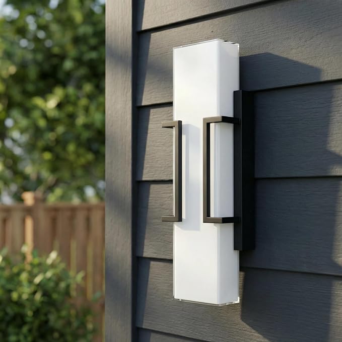 Hyunbae Modern Outdoor Wall Sconce Lights, Black Dimmable LED Porch Light | 16" Exterior Lighting Fixtures, IP65 Wall Mount Waterproof, White Glass Shade, House Garage Patio Use, 3000K Warm Glow