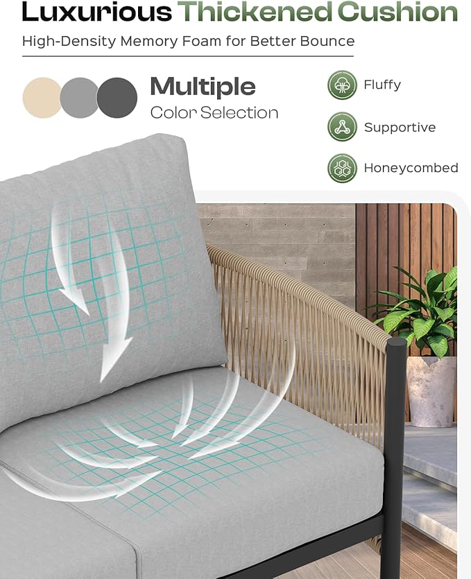 Aluminum Outdoor Patio Couch Loveseat, HDPE Rope Patio Sofa with Washable Thick Cushion, All-Weather Patio Furniture for Balcony, Yard, Gray Frame, Gray