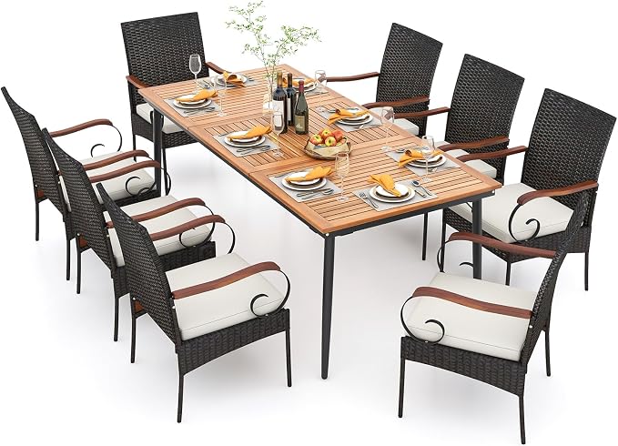 Tangkula 9-Piece Patio Dining Set, 79" Outdoor Dining Table & 8 Rattan-Woven Dining Chairs with Acacia Wood Tabletop, 1.9" Umbrella Hole, Scrollwork Arms, Seat Cushions, for Garden, Porch, Deck