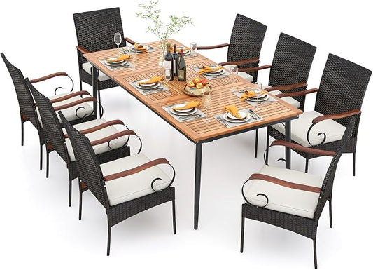 Tangkula 9-Piece Patio Dining Set, 79" Outdoor Dining Table & 8 Rattan-Woven Dining Chairs with Acacia Wood Tabletop, 1.9" Umbrella Hole, Scrollwork Arms, Seat Cushions, for Garden, Porch, Deck