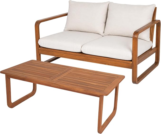 Christopher Knight Home Myra Acacia Wood 4 Piece Outdoor Patio Furniture Set, Wooden Patio Conversation Set with Loveseat Club Chairs & Coffee Table, 4-Seater Patio Sofa Chair and Table Set,Teak+Beige