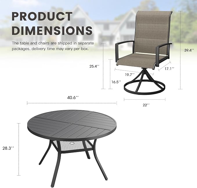 Outdoor Dining Set for 4, 40.7" Outdoor Dining Table with Umbrella Hole and Padded Textilene Patio Swivel Chairs, 5 Pieces Patio Table and Chairs Set for Garden Backyard, Mixed Brown and Black