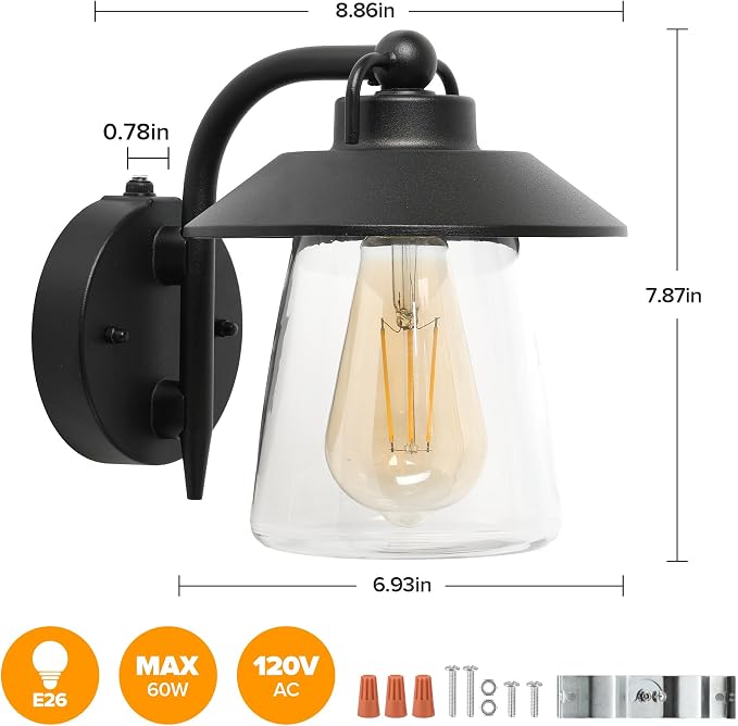LUTEC 2 Pack Dusk to Dawn Outdoor Indoor Exterior Light Fixture, Farmhouse Barn Wall Sconce, Matte Black Finish Anti-Rust Wall Mount Light, Waterproof Wall lamp with Clear Glass for Porch, Patio