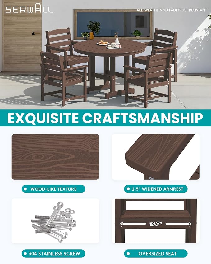 SERWALL 5-Piece Patio Dining Sets, HDPE Outdoor Table and Chairs Furniture Set, 45" Round Dining Table and 4 Dining Chairs, Coffee
