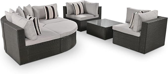 7-Piece Outdoor Wicker Sofa Set, Rattan Sofa Lounger with Striped Pillows, Gray Cushion, Conversation Sofa Set with Coffee Table, for Patio, Garden, Deck (Brown Wicker+Gray Cushion-@A)