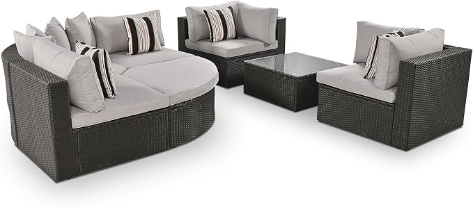 Merax 7-Piece Outdoor Wicker Sectional Sofa Set,Modular Rattan Conversation Set with Gray Cushions,Striped Green Pillows & Tempered Glass Coffee Table for Patio,Garden,Deck,Brown