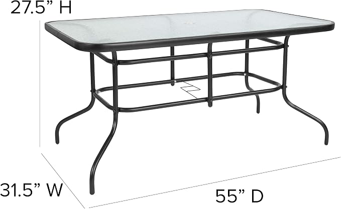 EMMA + OLIVER Seven Piece Indoor/Outdoor Dining Set - Metal Table with Tempered Glass Top - Six Gray Flex Comfort Chairs- Umbrella Hole - All Weather