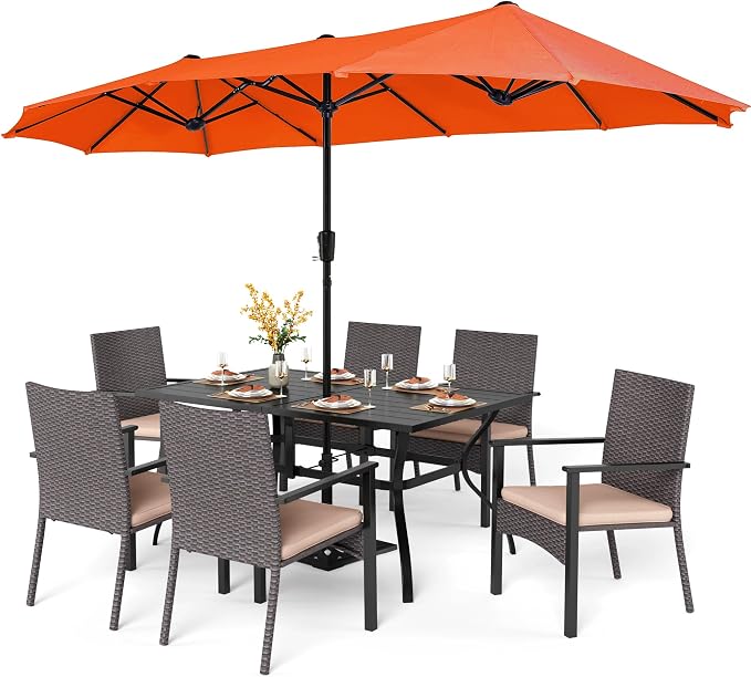 PHI VILLA 7pc Patio Dining Set with Red Umbrella, 6 Rattan Chairs | 60" Metal dining table, 6 cushioned rattan wicker chairs, 13ft red umbrella. Perfect for patio, deck, yard, or porch.