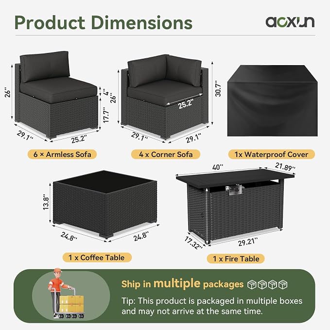 Aoxun 15 Piece Patio Furniture Set with 44” Fire Pit Table Wicker Patio Sectional Sofa Set Outdoor Seating Furniture with Thickened Cushion, Black