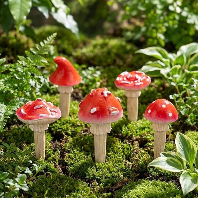 Fairy Garden Mushrooms for Outdoor Decor, 6Pcs Red Mini Mushroom Figurines | Resin Mushroom Miniatures for Fairy Garden Accessories, Plant Pot Decoration, Cute Terrarium, Yard and Lawn Decor