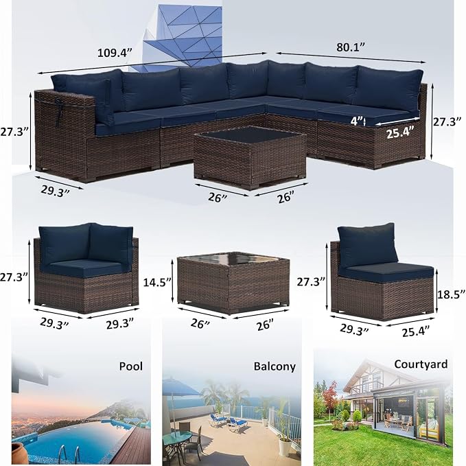 9 Pieces Outdoor Patio Furniture Sets,Wicker Conversation Set Sectional Sofa,Includes 8 All-Weather High Back PE Rattan Seating Components w/Thickened Cushions&Coffee Table,Navy