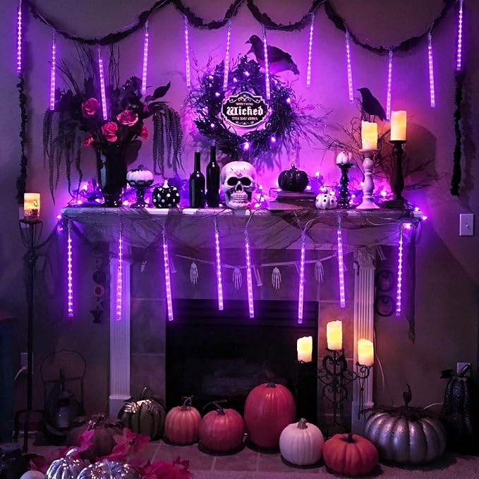 JMEXSUSS 2 Pack Purple Solar Halloween Lights, 16 Tube 288 LED | Solar Meteor Shower Rain Lights, Christmas Light Outdoor Waterproof for Tree Halloween Christmas Decorations
