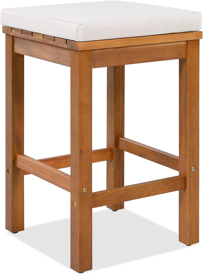 5 Piece Outdoor Bar Set for 4, Acacia Wood Bar Height Table & 4 Stools with Removable Cushions, Wood Dining Table Bar Set with Adjustable Feet for Backyard, Poolside, Balcony, Beige+Natural