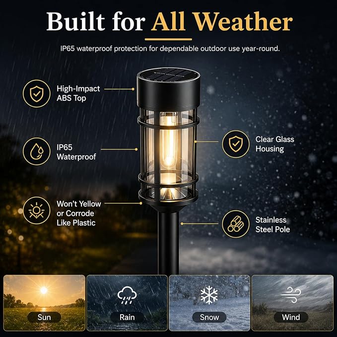 ILANCK 12 Pack Solar Lights Pathway Outdoor, Metal & Glass Large Solar Pathway Lights, Solar Powered Garden Lights for Yard, Landscape, Driveway Walkway