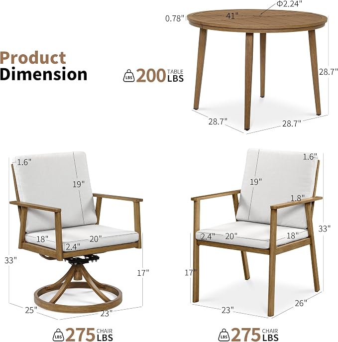 41" Round Outdoor Dining Table Set, 5-Piece Aluminum Round Outdoor Table with 4 Swivel Chairs, Faux Wood Grain Patio Table with Umbrella Hole for Garden, Backyard, Poolside, Teak