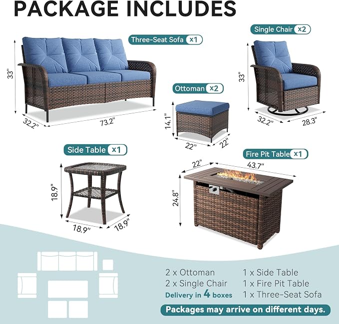 LazySunsets 9 Piece Outdoor Patio Furniture Set with 44'' Fire Pit Table, Wicker Rattan Outdoor Furniture with High Back Swivel Rocker Chairs, Outdoor Sofa Set with Thick Cushions & Ottoman, Navy Blue