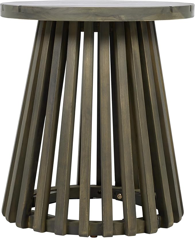 Merax Outdoor Acacia Wood Coffee Table 15.75" Round Patio Side Table for Backyard Lawn Balcony, Aesthetic Slat Base Design (Grey Finish)