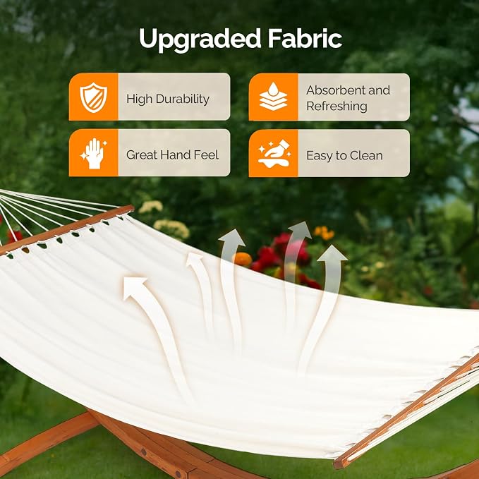 ONCLOUD Premium Double Hammock Set with Curved Hardwood Stand - 10.5ft Outdoor Relaxation System (400lb Capacity) (Teak, 14ft Set)