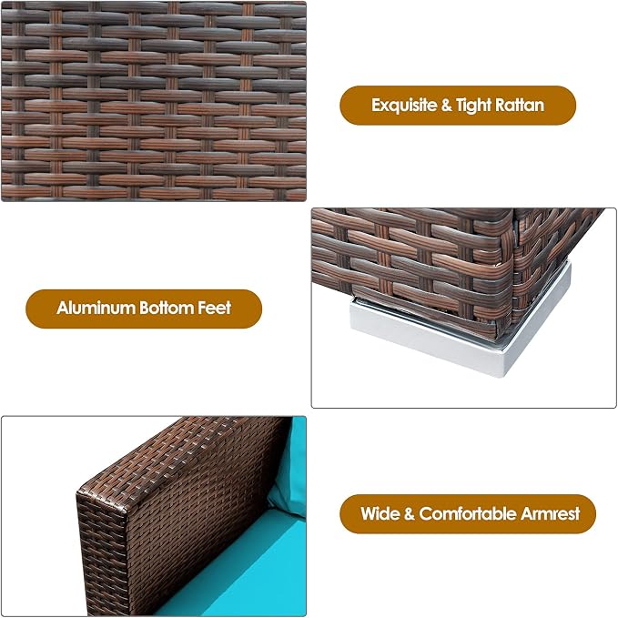 Patio Conversation Set Outdoor, 3-Piece Rattan Wicker Furniture Set with Water-Resistant Cushion & Tempered Glass Tabletop, Patio Furniture Set for Balcony, Porch, Poolside (Turquoise)