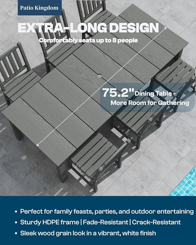 5-Piece Outdoor Dining Set with 75.2" Table for 4,Gray | HDPE material, umbrella hole design, weather-resistant furniture, perfect for garden, lawn, poolside, yard, balcony, deck