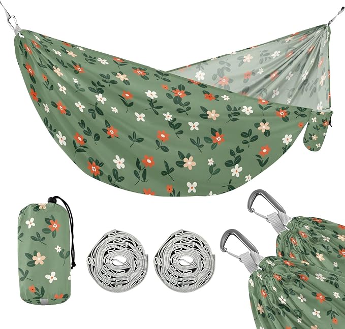 Camping Hammock Outdoor Hammocks for Outside Green Flowers Leaves Beach Trees Portable Lightweight with Pockets Tree Straps Indoor
