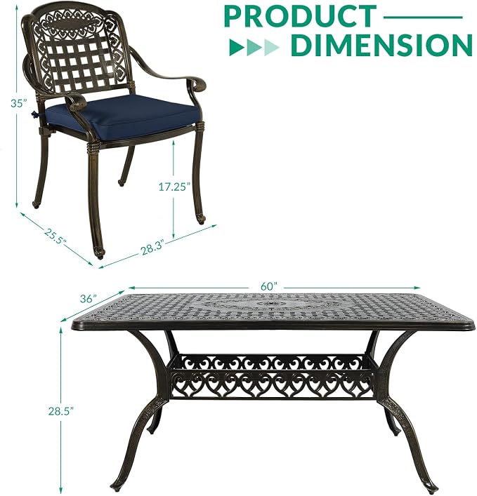 VIVIJASON 7-Piece Patio Furniture Dining Set, All-Weather Cast Aluminum Outdoor Conversation Set, Include 6 Cushioned Chairs and a Rectangle Table with Umbrella Hole, Navy Blue Cushion