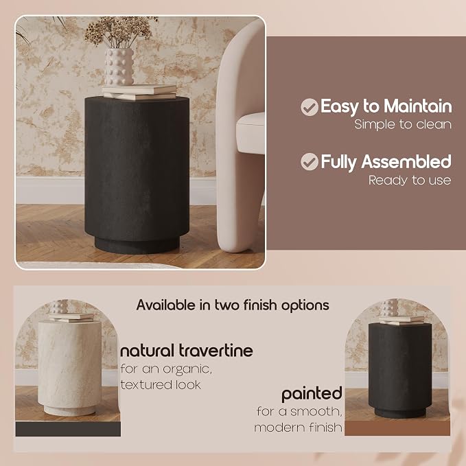 LeisureMod 14” Wide Round Side Table in Fiberstone with Travertine/Painted Finish Tapered Base Indoor and Outdoor Use for Modern Home, Living Room, Patio, Backyard Ramble Collection in Black