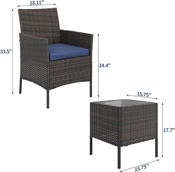 3-Piece Outdoor Patio Bistro Set – Brown Rattan Wicker, Blue Cushions, Tempered Glass Table – Space-Saving for Balcony, Yard, Porch – Brown Gradient Four-Line Rattan + Blue Cushion