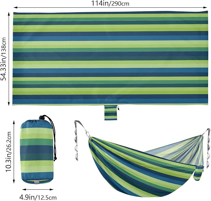 Camping Hammock Outdoor Hammocks for Outside Green Blue Stripe Beach Trees Portable Lightweight with Pockets Tree Straps Indoor
