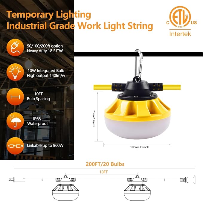 200FT Construction String Lights, Industrial Grade,Free for Climbing Hook | for Construction Sites, Renovation, Walkways,Patio，Mine cave, Outdoor, and Other Outdoor Lighting Solutions Use