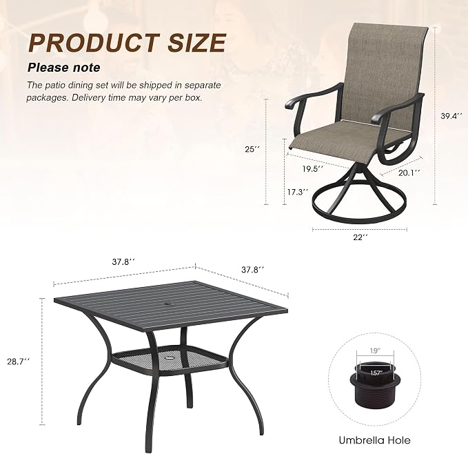 VICLLAX 5 Pieces Outdoor Patio Dining Set for 4, 38" Square Metal Dining Table with Umbrella Hole and 4 Swivel Textilene Chairs for Lawn, Garden, Porch, Black/Brown