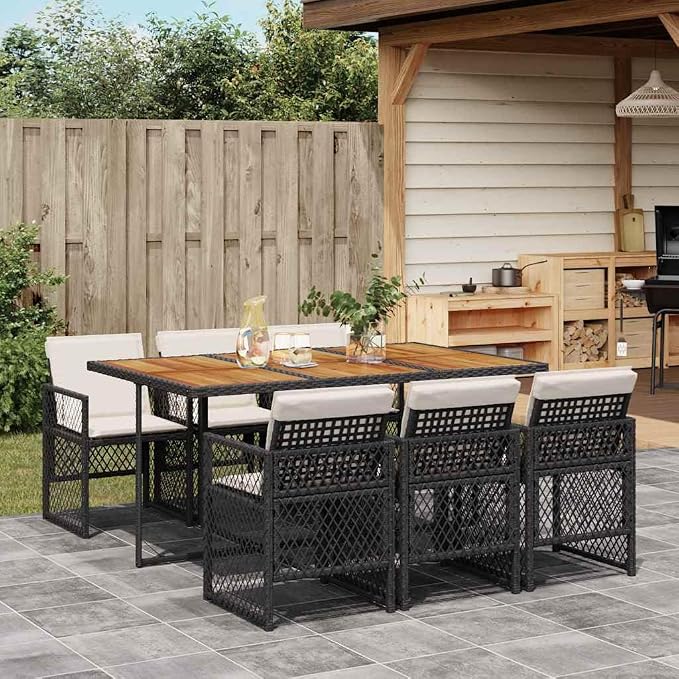 7 Piece Patio Dining Set with Acacia Wood Table and 6 Foldable PE Rattan Chairs, Black and Cream White for Outdoor Garden