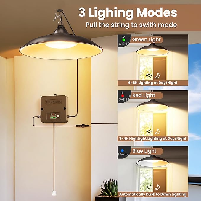 Solar Shed Light Indoor Outdoor with Pull String, 3000K Daytime Available | Warm White, 3 Lighting Modes Pendant Light, Dusk to Dawn, Solar Lights Indoor, IP65 Waterproof for Barn, Gazebo, Shop, Garage