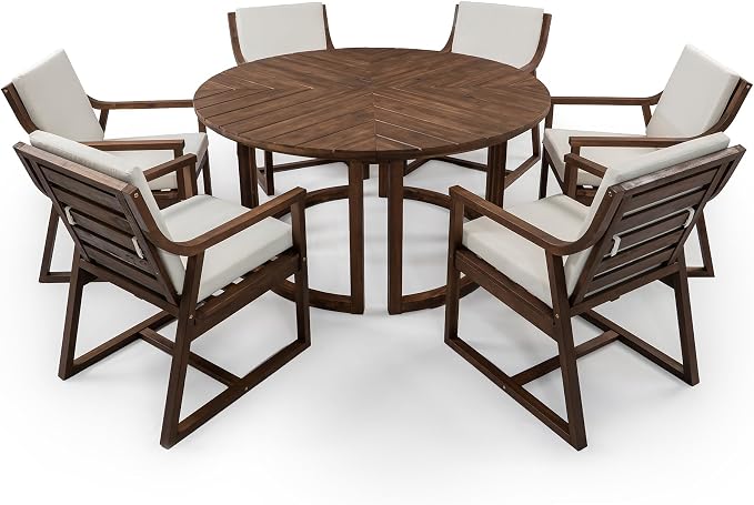 Merax 7 Pieces Outdoor Dining Set for 6 People, Acacia Wood Patio Furniture Sets with Round Table and Six Cushioned Chairs for Backyard, Garden, Lawn, Poolside, Tabletop with Umbrella Hole, Mocha