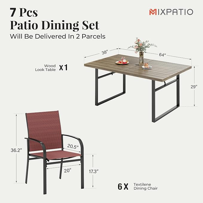 MIXPATIO 7-Piece Outdoor Dining Set 6 Red Textilene Chairs and Steel Tabletop with Wood Grain Rectangle Table for Deck Garden Backyard Lawn Poolside