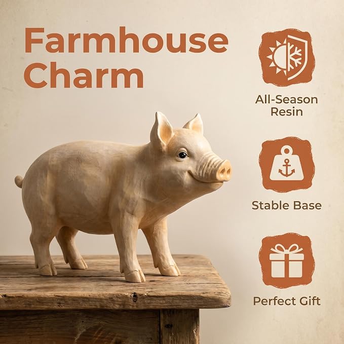 25.6" Cute Pig Resin Garden Statue | Farmhouse Animal Yard Decor, Lifelike Farmhouse Pig Sculpture, For Yard or Patio