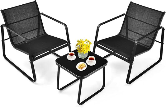 Tangkula 3 Pieces Outdoor Conversation Set, Patiojoy All-Weather Patio Furniture Set with Breathable Fabric and Steel Frame, Bistro Chat Set for Porch, Garden, Backyard (Black)