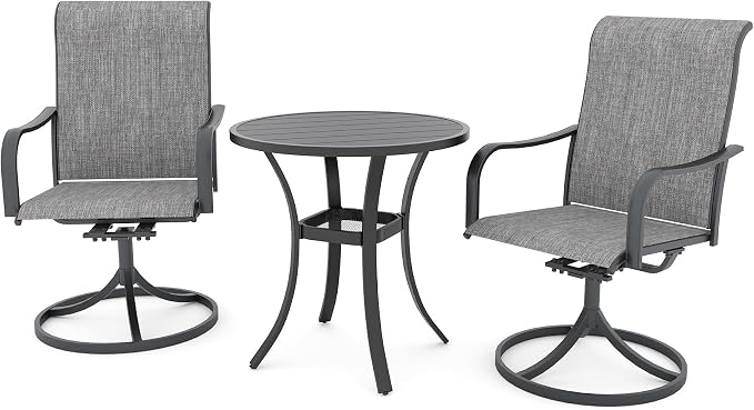 Anmutig 3-Piece Outdoor Patio Dining Set, 27.5" Black Round Table with 2 Swivel Rocking Patio Chairs Furniture Set for Kitchen Garden, Backyard, Grey