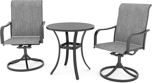 Anmutig 3-Piece Outdoor Patio Dining Set, 27.5" Black Round Table with 2 Swivel Rocking Patio Chairs Furniture Set for Kitchen Garden, Backyard, Grey