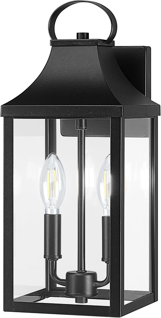 15" Black Outdoor Wall Lantern 2-Light, Outside Wall Sconce Light | Industrial Porch Light Wall Mount with E12 Sockets, Waterproof Modern Exterior Lamp Lighting, Black (No Sensor)