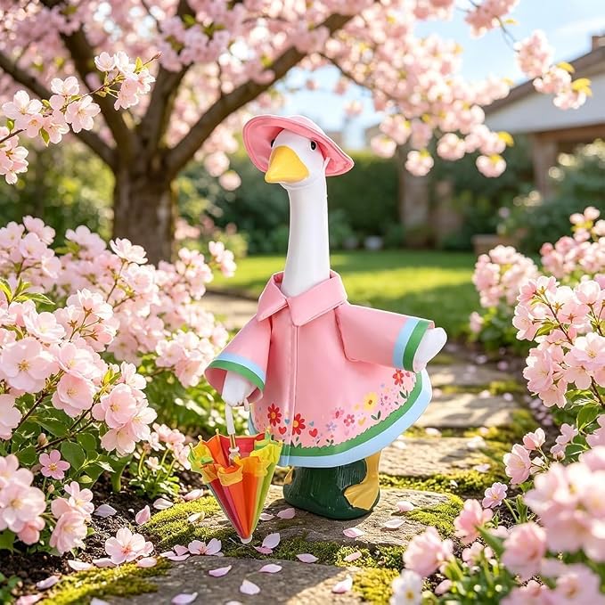 Raincoat Porch Goose Outfits,Spring Summer Lawn Goose Statue Raincoat Clothes,Fits 23" Geese Statue, for Summer Outdoor Patio Yard Lawn Garden Decoration(Raincoat-Pink Flower)