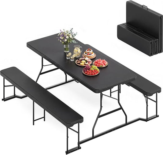 YITAHOME 6ft Folding Picnic Table with Benches, Heavy Duty 6 ft Picnic Tables for Outdoors, Portable Outdoor Table with Center Lock & Non-Slip Feet for Backyard, Camping, Beach, Black