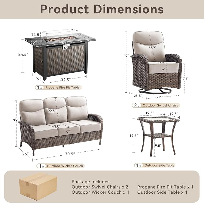 Luxury Patio Furniture Set with 42.5" Fire Pit Table, 6-Inch Thick Cushions Wicker Outdoor Furniture with High Back Swivel Patio Chairs Set of 2, Patio Conversation Set for Deck Garden Porch, Gray
