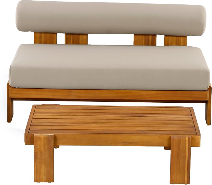 Merax 2 Piece Patio Loveseat & Coffee Table Set with Acacia Wood Frame, Waterproof Cushions & Round Backrest for Garden, Deck & Balcony, Light Brown+Teak