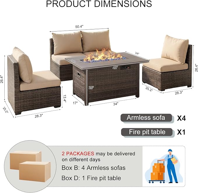 5 Pieces Patio Furniture Set with Fire Pit Table, Outdoor PE Rattan Sectional Sofa with Soft Cushions for Backyard, Porch, and Poolside (Beige, 5 PCS w/Firepit)