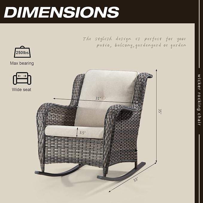 Outdoor Wicker Patio Rocking Chair - All-Weather Lawn Rocking Wicker Furniture with Alloy Steel Frame & Premium Fabric Cushion, Beige