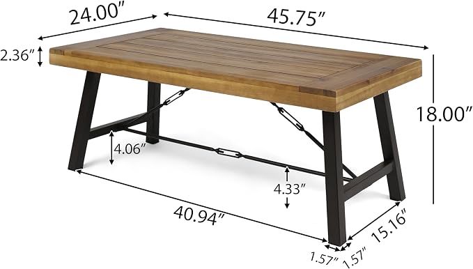 roomfitters Outdoor Acacia Wood Coffee Table, Teak Finish with Rustic Metal Legs, Perfect for Patio, Garden, or Deck, Weather-Resistant and Durable, Brown and Black