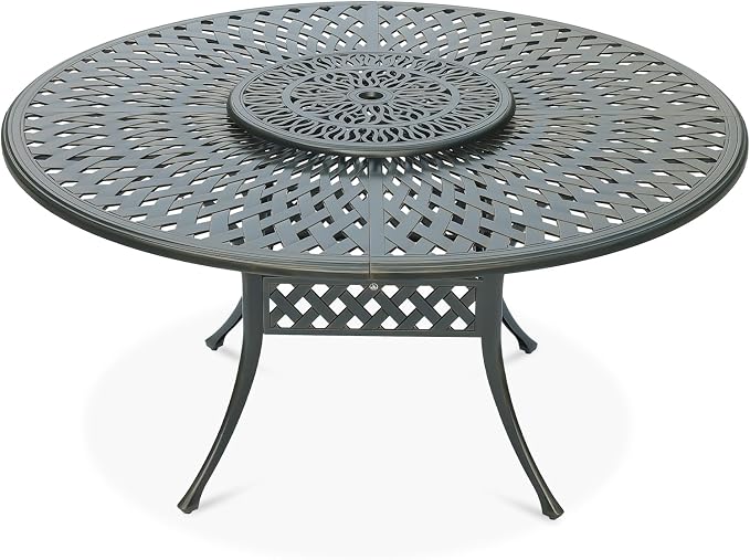 VIVIJASON Outdoor 61" Patio Round Dining Table for 6-8 Person, All Weather Cast Aluminum Patio Dining Table with 24" Lazy Susan and Umbrella Hole for Balcony, Porch and Deck