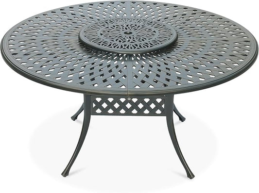 VIVIJASON Outdoor 61" Patio Round Dining Table for 6-8 Person, All Weather Cast Aluminum Patio Dining Table with 24" Lazy Susan and Umbrella Hole for Balcony, Porch and Deck