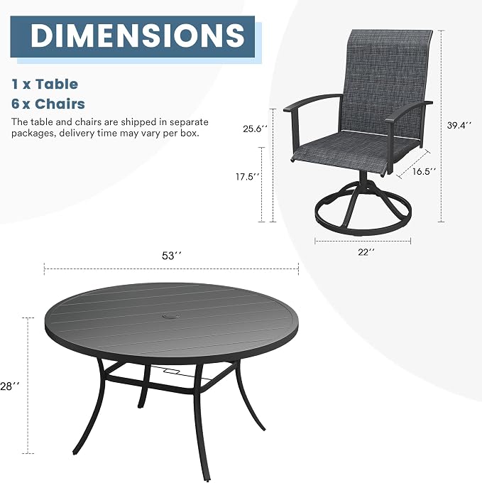 DIFY 7 Pieces Outdoor Dining Set for 6, 53" Black Round Metal Table with Umbrella Hole and Dark Grey Textilene Swivel Patio Chairs, Patio Table and Chairs Set for Garden, Backyard, Poolside